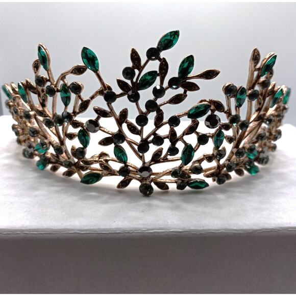 Golden Tiara Leaf with Green Glass Crystals Bridal Prom Crown Headpiece - Picture 3 of 5